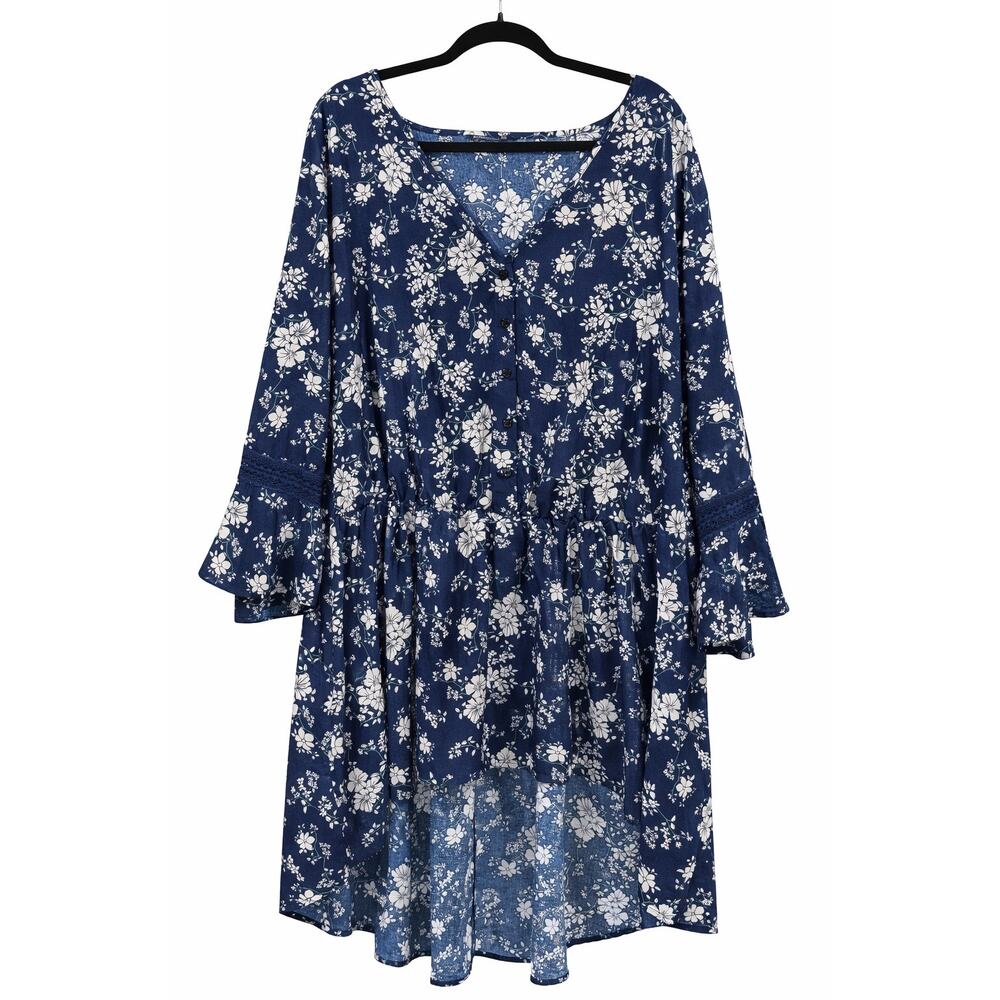 Womens Boho Cottagecore Blue Floral High Low Tunic Top Bell Sleeve Lace Trim - Picture 2 of 10